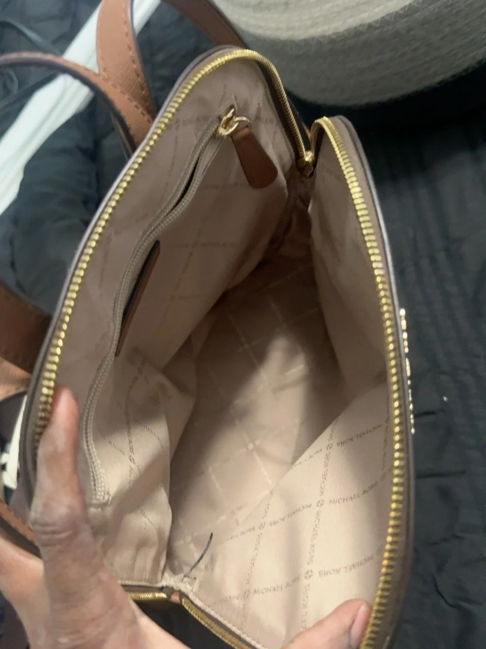 Michael Kors Brown Monogram MK Dome Backpack with Gold Hardware